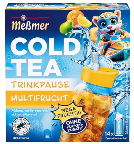 Meßmer Cold Tea Trinkpause Multifrucht – Kaltaufguss, 14 Pyramidenbeutel | Fruchtiger Früchtetee mit Multifrucht-Aroma für Kinder, ohne Zuckerzusatz, von Natur aus koffeinfrei – 1 Beutel für 500 ml