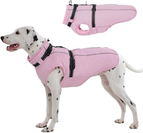Lelepet Hundemantel für den Winter, Warme Hundejacke mit integriertem Geschirr, Winddicht Mantel mit Fleece Gefüttert für Hunde, Reflektierende Hundeweste für Kaltes Wetter, Rosa L