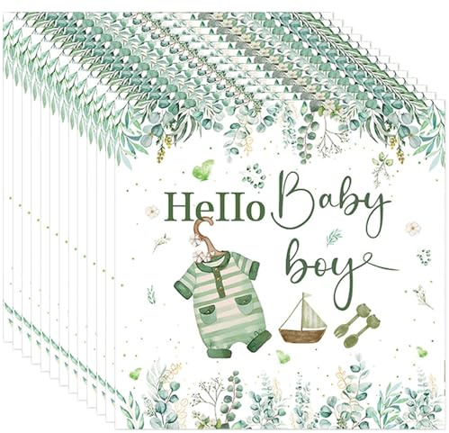 MOMAHUA 20 Stück Babyparty Deko Junge Servietten (33x33cm), Hello Baby Boy Grüne Papierservietten, Salbeigrün Servietten, Baby Shower, Gender Reveal Party Dekoration Papierservietten, Boy-Napkin