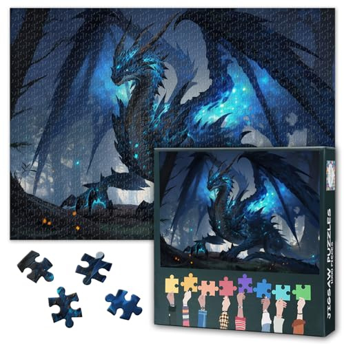 Fantasy-Puzzles, Drache in einem dunklen Wald mit Lichtern, Puzzle für Erwachsene, 1000 Teile, unmöglich schwierige Puzzles für Erwachsene, 50x70 cm
