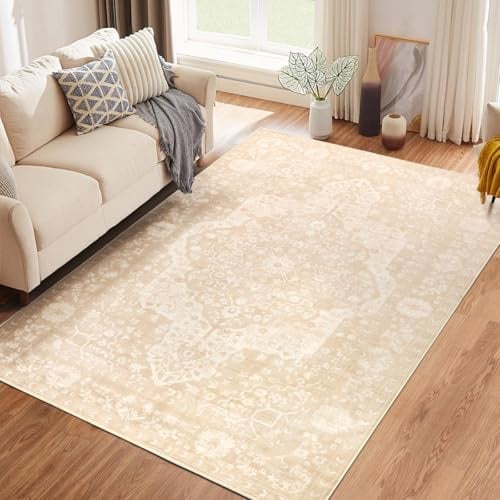 TUKDAK Vintage Teppich Wohnzimmer 120x180cm, Waschbarer Teppich Schlafzimmer, Boho Kurzflor Esszimmer Teppiche, Weich rutschfest Teppiche für Küche Kinderzimmer, Creme