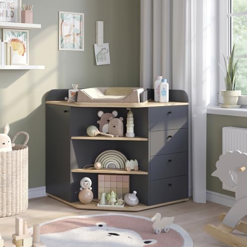 Vicco Wickelkommode Aria, Anthrazit, 85 x 90 cm | mit Regalen und 4 Schubladen, geeignet als Wickelstation für Babys und Kleinkinder