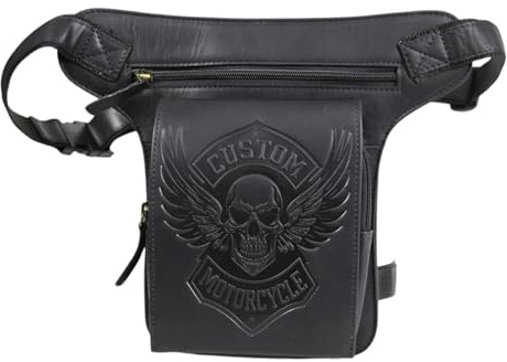 Biker Beintasche Herren Leder, Motorrad Hüfttasche Vintage, Drop Leg Bag mit Oberschenkelgurt, Custom Skull Design (Glatt Schwarz)
