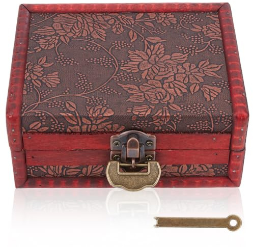 CABODYALS Coffret à Bijoux Vintage Rouge en Bois avec Serrure à Clé et Cadenas en Fer. Coffret de Rangement pour Bijoux Bagues et Autres Petits Trésors. Idéal comme Cadeau