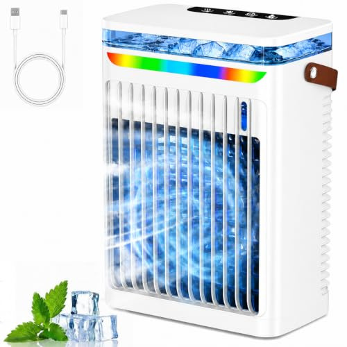 Portable Air Conditioner, 3 in 1 Evaporative Cooling Fan, Add Water or Ice, 6 Wind Speeds, 1-6H Timer, 7-Colour Night Light, Personal Desk Air Cooler for Bedroom, Home Office, Living Room (White)