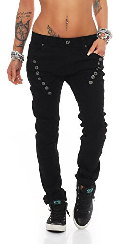 Fashion4Young 10826 MOZZAAR Damen Jeans Jeans Röhrenjeans Haremshose Damenjeans Hüftjeans Baggy (3XL=46, Schwarz)