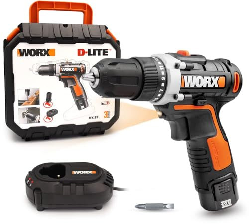 WORX WX128 Akkuschrauber 12V – Akkubohrschrauber Set zum Bohren und Schrauben – 2-Gang-Getriebe bis zu 25Nm – mit LED-Licht – Must-Have für Haushalt & Arbeit – mit Akku, Ladegerät & Koffer