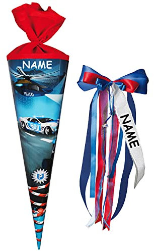 alles-meine.de GmbH Schultüte - Polizei & Helikopter - 85 cm - eckig - incl. Name und individueller großer Schleife - Tüllabschluß - Zuckertüte - mit/ohne Kunststoff Spitze..