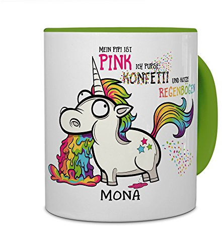 printplanet® Tasse mit Namen Mona - Motiv Einhorn - Namenstasse, Kaffeebecher, Mug, Becher, Kaffeetasse - Farbe Grün