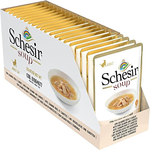 Schesir Cat Soup Wilder Buckellachs, Katzenfutter Suppe, 20 Beutel x 85 g