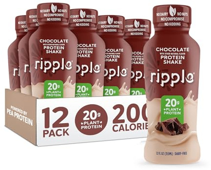 Ripple Vegan Protein Shake | Chocolate | 20g Nutritious Plant Based Pea Protein | Shelf Stable | No GMOs, Soy, Nut, Gluten, Lactose | 12 Oz, 12 Pack