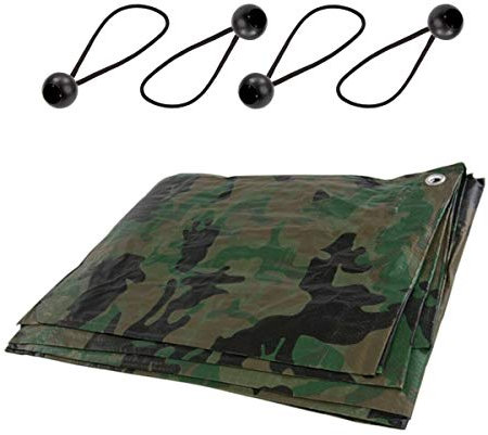 Camo Tarpaulin 2 x 2 m Waterproof Tarp Sheet - 85 GSM PE Cover with 4 Ball Bungees, Reinforced Eyelets - Heavy Duty Groundsheet for Camping, Garden, Wood, Bike, Tools, Building, Outdoor Use