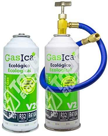 Pack 2 Bombonas Gas Refrigerante Orgánico Ecológico Gasica V2 sustituto del R22, R32, R407, R290 y R410 más Manguera con Llave de paso para Recarga Máquina Aire Acondicionado