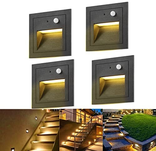 GEYUEYA Home LED Treppenbeleuchtung Warmweiß 4er Set, mit Bewegungsmelder, Treppenlicht, IP65 Wasserdicht, 230V Sicherheit, 3W Gleichmäßige warme Lichtquelle, Aluminuim(Schwarzes)
