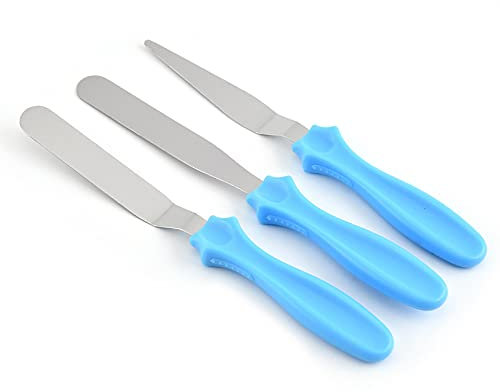 SHULLIN 3 Stück Spachtel Winkelpalette Set für Torte Edelstahl Streichpaletten Streichmesser Tortenmesser Gerade Spatel Spatula Set für Fondant Torte Kuchen Backen Kuchen Dekorieren(Blau)
