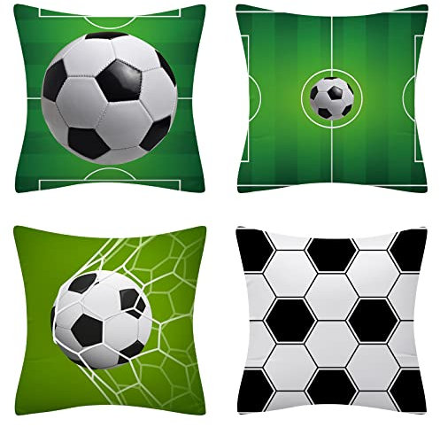 AMZQJD 4 Stück Kissenbezug Baumwolle Dekokissen Kissenbezüge Sofakissen Dekorativ Kissenhülle Bezug Weich für Wohnzimmer Schlafzimmer (Weiß Fußball, 50 x 50 cm)