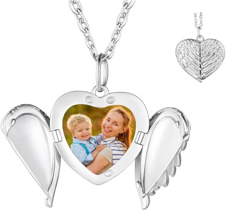 Collana personalizzata con ciondolo a forma di cuore, con ali d'angelo, con ciondolo a forma di angelo, per foto, regalo personalizzato per San Valentino, nascita del bambino, festa della mamma