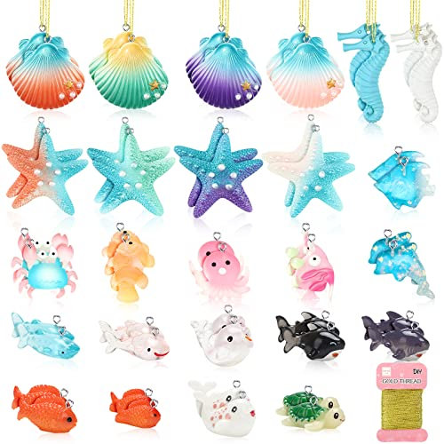 Miniatur-Ornamente mit Ozean-Motiv, Kunstharz, Bleistift, Finger, Meerestier, dekorative hängende Ornamente mit gebohrtem Loch, Seil für Weihnachtsbaum, zum Aufhängen, Zuhause, Fischernetz,