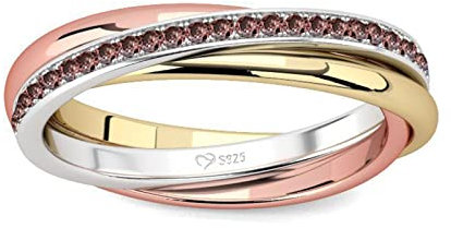Jeulia Roségold Dreifarbiges Ringband Sterling Silber Damen Ring Rundschliff Diamant Verlobung Erklärung Ringband Jubiläums Versprechen Ring für Sie mit Geschenkbox (Chocolate, 56(17.7))