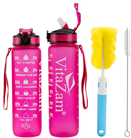 VitaZam New 1 Litre Water Bottle, Motivational Water Bottle with Time Markings, BPA Free, Leak Proof Lock Cover and Bottle Brush, Bottle for Gym, School/Office, Sports and Outdoor (with straw, Pink)