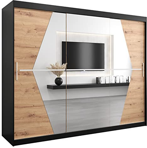 KRYSPOL Schwebetürenschrank Boliwia 250 cm mit Spiegel Kleiderschrank mit Kleiderstange und Einlegeboden Schlafzimmer- Wohnzimmerschrank Schiebetüren Modern Design (Schwarz + Artisan Eiche)