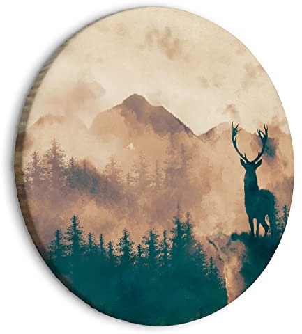 murando Quadro Rotondo Cervo 40x40 cm 1 Pezzo Stampa su Tela con Struttura Immagini moderni Murale Grafica Decorazione da parete Paesaggio montagne Foresta Nebbia Animale come dipinto c-A-10047-bc-a