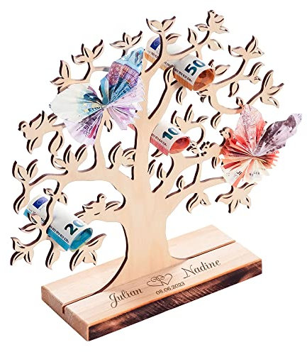 Holz Geldbaum mit Herz Gravur, Hochzeitsgeschenk, Lebensbaum Deko, DIY Verpackung für Geldgeschenke, Geschenk zur Hochzeit, Geldgeschenk, Geld Holzbaum, Schmuckbaum, Hochzeitsgeschenke für Brautpaar