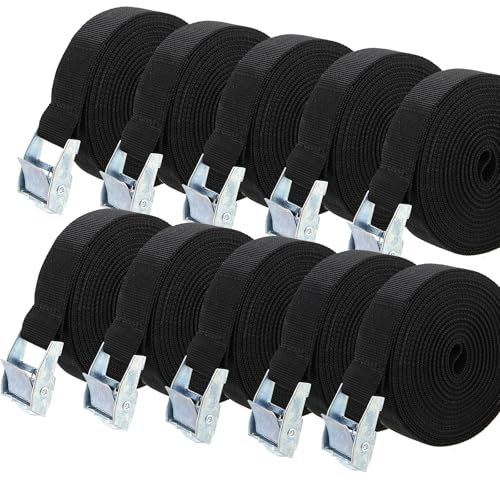 HAKZEON 10 Pack 3m x 25mm Tie Down Lashing Straps, Adjustable Heavy Duty Tensioning Belts Lashing Straps, Cam Buckle Tie Down Straps for Bicycle Carrier Cargo Trailer Car Luggage, Black