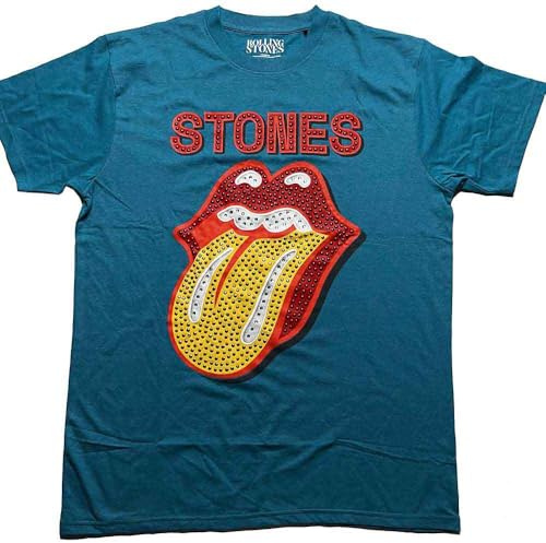 Rolling Stones The T Shirt Diamante Tongue Logo Official Unisex Teal Blue XXL