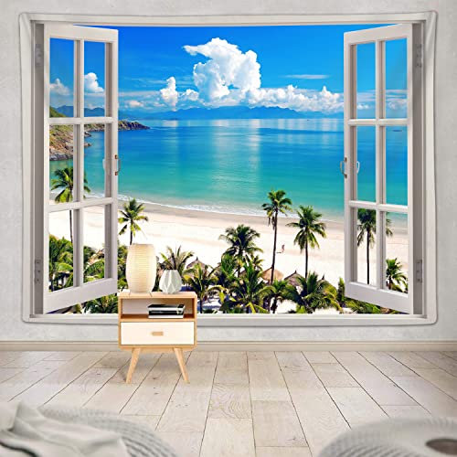 YISUMEI Ocean Beach Wandteppich, Hawaii Sea Nature Fake Faux Window Art Tapisserie Wandbehang für Schlafzimmer College Dorm Living Tropical Summer Room Office Decor(L/150x200cm)