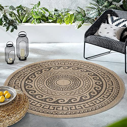 HomebyHome In & Outdoor Teppich Wetterfest Rund 200 cm Schwarz, Sisal und Jute Optik Balkon Teppich Wasserfest - Teppich Küche, Waschbarer Greek Design Camping Garten Terasse Outdoorteppich
