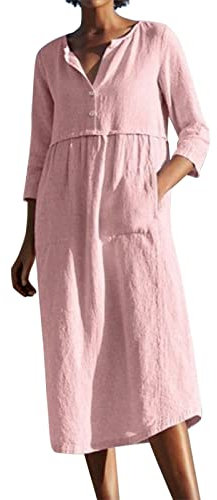 Onsoyours Robe en Lin Femmes Col en V Robe De Plage Couleur Unie A-Ligne À Manches Courtes Robe Longue Boho Robe D'Été Midi Dress Chemise Blouse en Lin D Rose L