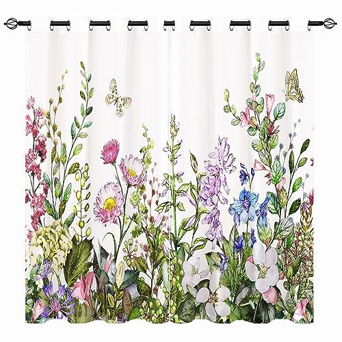 YUANZU Aquarell Vorhänge Sommer Blume Blatt Schmetterling Ösen Gardinen mit Blickdichte Thermo Vorhang Kälteschutz Blackout Curtain Mädchenzimmer Verdunkelung Fenster, 2 Stück, H 245 x B 140 cm