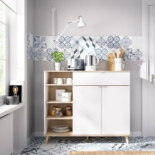 Dmora - Sumbra-Sideboard, Wohnzimmer-Pantry-Buffet, modernes Wohnzimmer-Sideboard mit 2 Türen, 120 x 40 x 102 cm, Weiß und Eiche