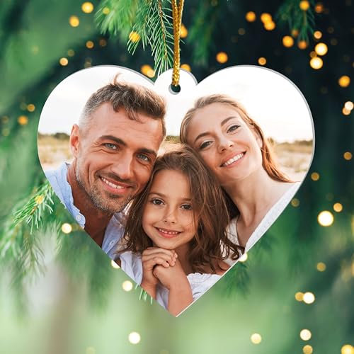 Geschenke.de Acryl-Anhänger mit Foto Herz – Schöne Idee als Weihnachtsbaumschmuck – Dekoartikel mit Band zum aufhängen & Organzabeutel – Geschenkidee zu Weihnachten, Geburtstag – ⌀ 9cm