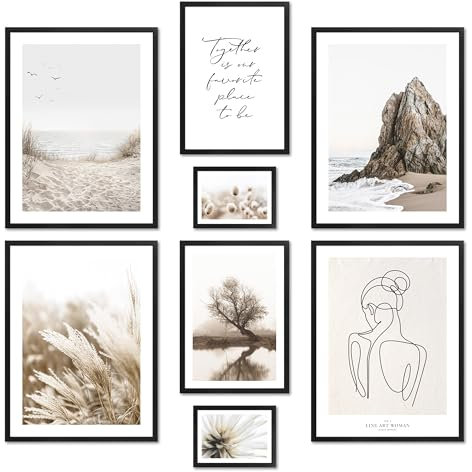 ARTFAVES® Poster Set - BEIGE HARMONY - mehrteilige Wanddeko Wohnzimmer & Schlafzimmer - 8 moderne Wandbilder Natur, beige, Strand, Meer, Line-Art, Pampasgras - mit Rahmen Schwarz