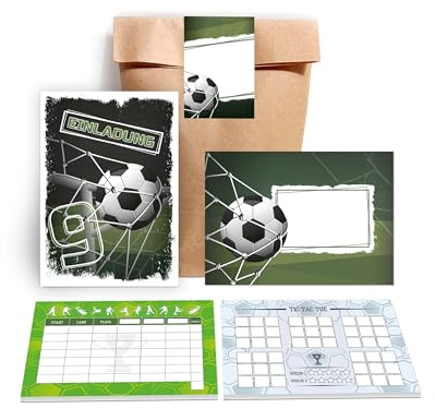 6 Einladungskarten Fußball zum 9. Kindergeburtstag Einladung Geburtstag Mädchen Kinder Jungs Jungen Boys Fussball Turnier inkl. 6 Umschläge, 6 Tüten, 6 Aufkleber, 6 Stadt-Land-Fluss, 6 Tic Tac Toe