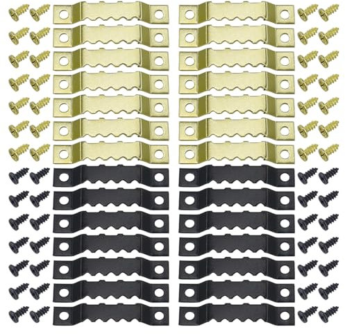 SHRJ Sägezahn-Bilderaufhänger aus Metall, zentrale Druckrille, Schwarz und Gold, Zick-Zack-Rahmenaufhänger mit Schrauben zum Aufhängen schwerer Bilder, Leinwand, Gemälde, Fotos, Rahmen, Tafel, Uhr,