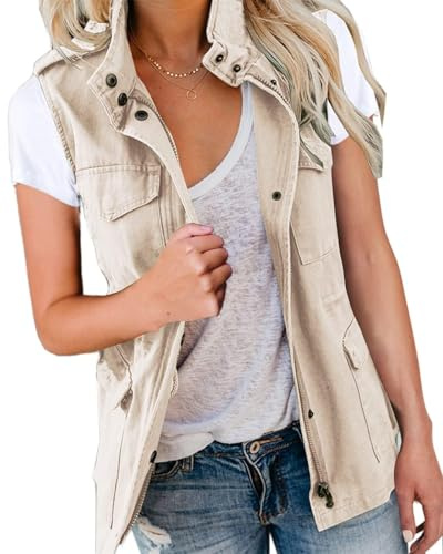 Imily Bela Chaleco cargo sin mangas para mujer, parka de entretiempo, chaqueta corta con bolsillos y cordón, chaleco de primavera y verano, ropa exterior, beige, M