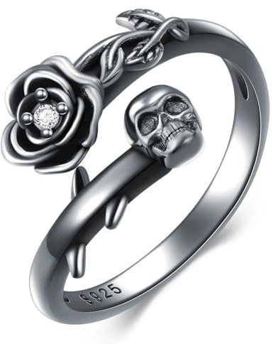 Shusukue Totenkopf Rosen Ring Damen 925 Sterling Silber Gothic Verstellbarer Skull Ring Halloween Totenkopf Schmuck Geschenke für Frauen Mädchen