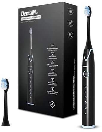 Denta-M Elektrische Schallzahnbürste – Elektrische Zahnbürste mit 5 Modi & 120 Tage Power Akku – Ultraschallzahnbürste mit Smart Bürstenkopf – 100 Tage risikofrei testen (Edition Black)