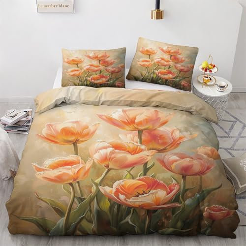 Bettwäsche 135x200 2teilig Tulpen Blumen, Bettwäsche-Set Wendebettwäsche Aquarell, Bettbezug Mikrofaser mit Reißverschluss und 1 Kissenbezüge 80x80