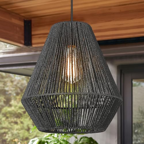 ELYONA Moderne Rattan Pendelleuchte, 30 cm Boho Geflochtene Hängelampe im Landhaus- & Küstenstil mit Mattschwarzem Handgeflochtenem Rattankorb-Schirm,Leuchte für Kücheninsel, Esszimmer, Schlafzimmer