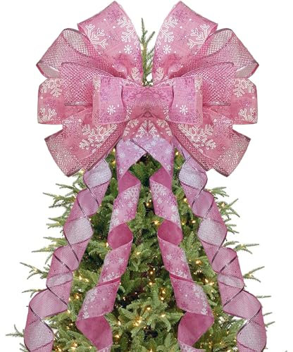 YIRHYZC Christmas Tree Topper Bow Christmas Decorations for Tree Large 13X48 Glitter Bows with Long Ribbon Snowflake Tree Top Xmas Winter Decor Pink