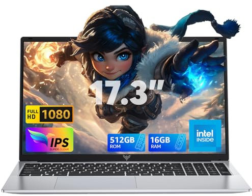 MALLRACE 2024 Laptop,17.3-Inch FHD Display Laptop Computer with Quad Core-12th Alder Lake N97(Up to 3.6GHz), 16GB RAM 512GB ROM Traditional Laptop Computer, 6000Mah Battery,Silver