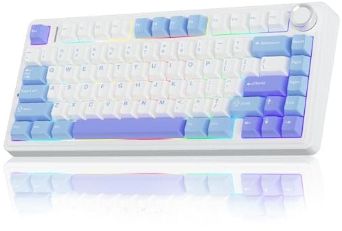 AULA F75 Mechanische Tastatur Gaming,2.4GHz/Type-C/BT5.0 Mechanical Keyboard mit Knopf,Fünfschichtige Gefüllte Struktur,RGB,QWERTY,Hot-Swap,Creamy Kabellos Gaming Tastatur 75 Prozent (Blau-violett)