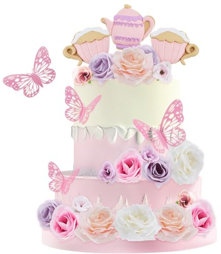 Teenyyou 33pc Tea Party Cake Decorations: 2 Clay Teacups, 1 Clay Teapot, 18 Artificial Flowers, 12 Butterfly Decorations - Pink, Purple & White - Tea Themed Birthday Party & Social Gathering