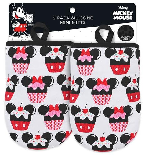 Disney Ofenhandschuhe, 14 x 19 cm, hitzebeständige Mini-Ofenhandschuhe mit rutschfestem, bedrucktem Silikon, Disney-Silhouetten, Mickey & Minnie, Stitch, Winnie Puuh