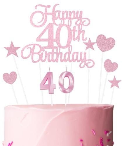 Ainiv Geburtstagskerzen Zahlen 40, Tortendeko zum 40. Geburtstag, 40. Geburtstag Kuchendeko für Frauen und Männer, Rosa Stern-Herz-Tortenaufsatz für Party, Cupcakes, Desserts und Gebäck