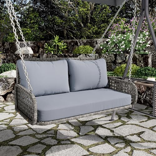 Jaxenor Hängeschaukel Outdoor für Garten, Terrasse, Balkon, Hängebank Outdoor mit Kissen und 2 Ketten, 2-Sitzer Rattan Gartenschaukel, Garten Schaukel, Ohne Rahmen, Grau
